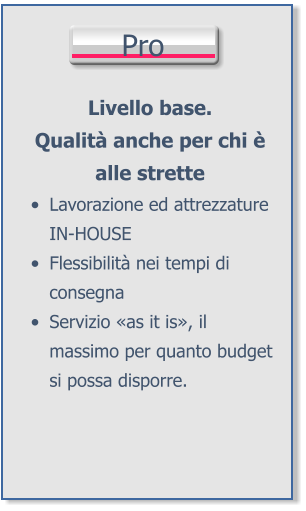 Pro Livello base.Qualità anche per chi è alle strette •	Lavorazione ed attrezzatureIN-HOUSE •	Flessibilità nei tempi di consegna •	Servizio «as it is», il massimo per quanto budget si possa disporre.
